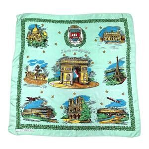 Vintage Paris City Sights Souvenir Silk Scarf 30x30 Mint Green Made in Italy